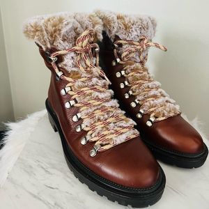 Zara Leather Lace Up Mountain Faux Fur Ankle Boots, Brown, Euro 38 (US 8), NWOT